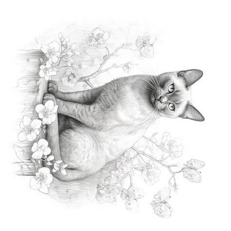 Dibujo De Un Gato Sentado En Una Roca Con Flores Y Mariposas Ai