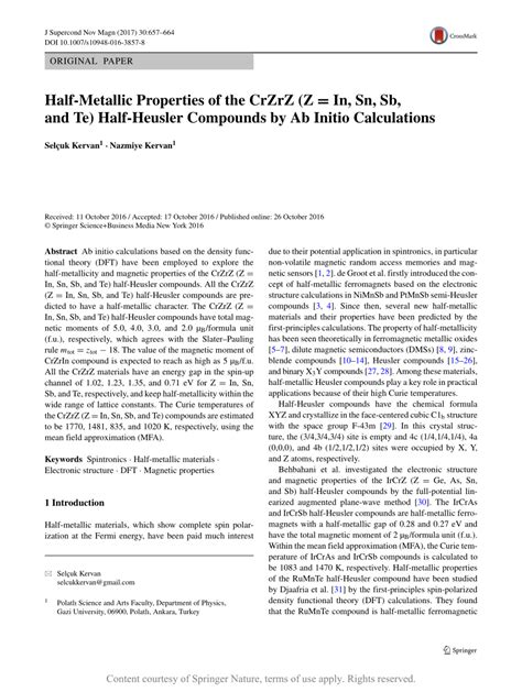 Half Metallic Properties Of The Crzrz Z In Sn Sb And Te Half