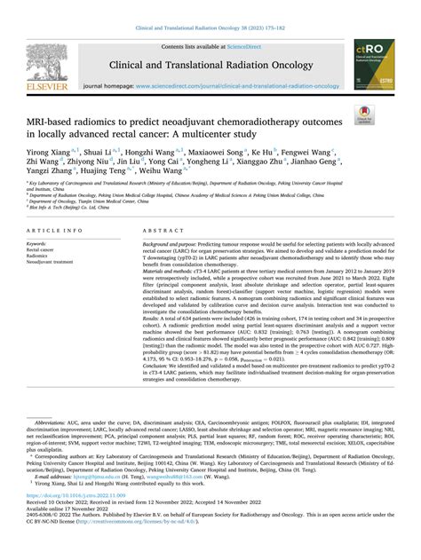 Pdf Mri Based Radiomics To Predict Neoadjuvant Chemoradiotherapy