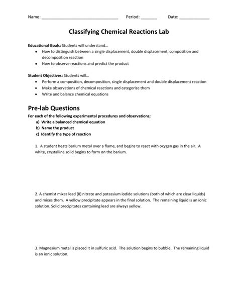 Classifying Chemical Reactions Worksheet Answers