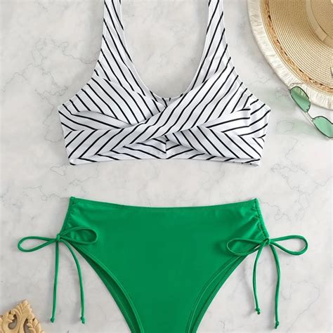 Sexy Striped High Waist Bikini Women Swimsuit Female Swimwear Two