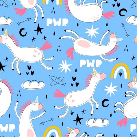 Premium Vector Seamless Pattern With Cartoon Unicorns Rainbows Clouds