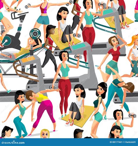 Seamless Pattern Women Doing Fitness Exercises In The Gym Cartoon