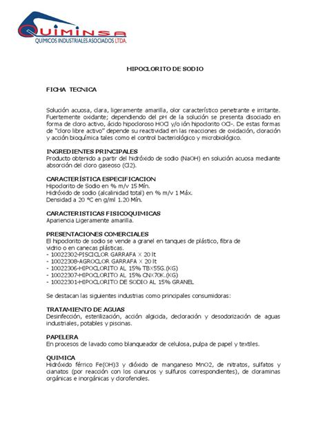 Ficha Técnica Del Hipoclorito De Sodio Que Describe Sus Propiedades