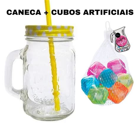 Caneca Vidro Tampa Canudo E 8 Cubos Gelo Jarra Cerveja Suco Drink 450ml