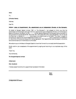 Fillable Online Draft Appointment Letter To Independent Director