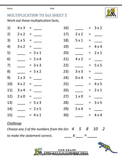 Multiplication Practice Worksheets To 5x5