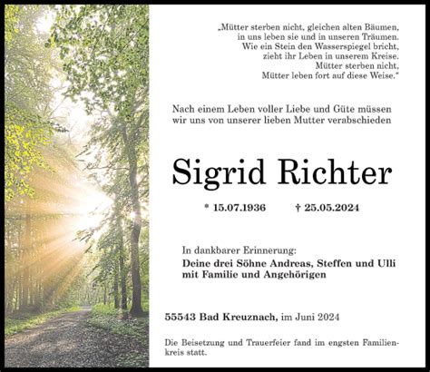 Traueranzeigen Von Sigrid Richter Rz Trauer De