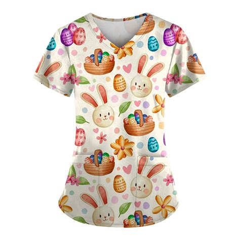 Tqwqt Easter Print Scrub Tops Women Cute Bunny Egg Hunt Pattern Short