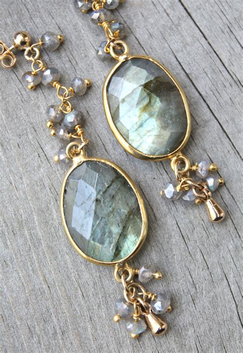 Long Labradorite Earrings Genuine Gemstone Dangle Bead Etsy