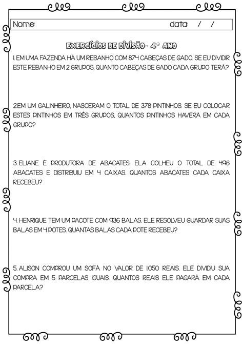 Atividades De Divisão 4 Ano Probleminhas