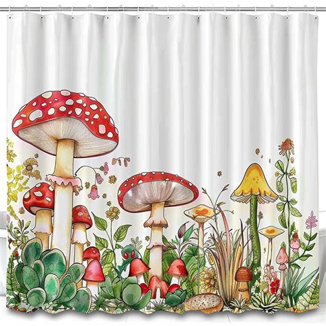 Whimsical Mushroom Garden Shower Curtain Cartoon Style With Colorful