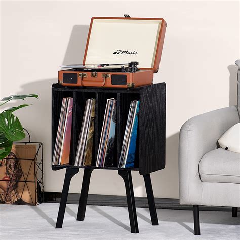 Lelelinky Record Player Stand Black Vinyl Record Storage Table With 4 Cabinet Up To 100 Albums