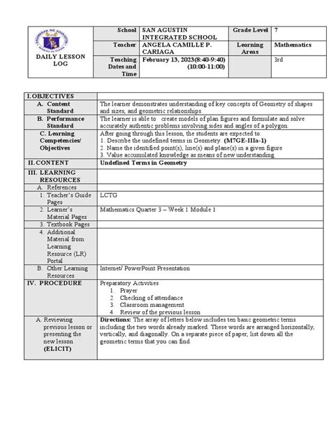 Dll Grade 7 Q3 Week 1 4 Pdf Learning Geometry