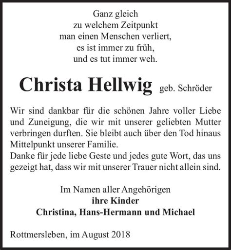 Traueranzeigen von Christa Hellwig geb Schröder abschied nehmen de