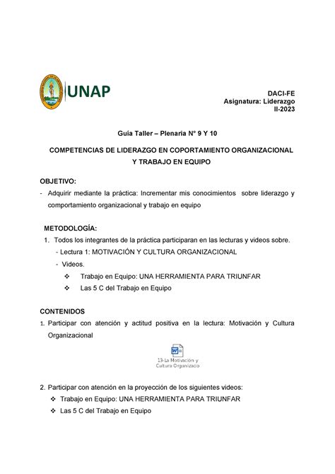 Guia De Taller 9 Y 10 Comportamiento Oraganizacional Y Trabajo En Equipo Daci Fe Asignatura