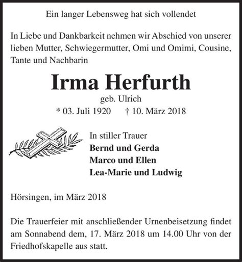 Traueranzeigen Von Irma Herfurth Geb Ulrich Abschied Nehmen De