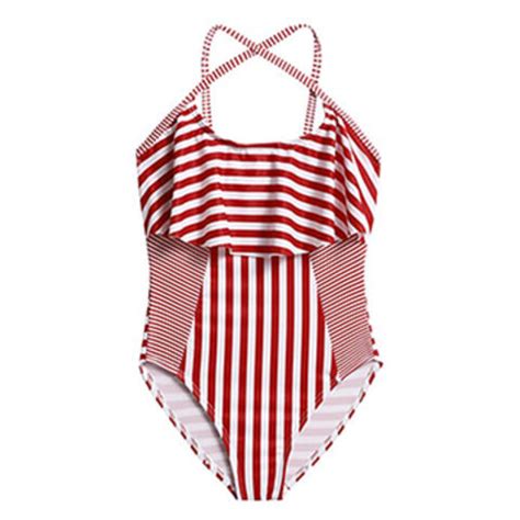 China Girls One Piece Bikini Stripe Print Crisscross Straps Lined Front And Back On Global
