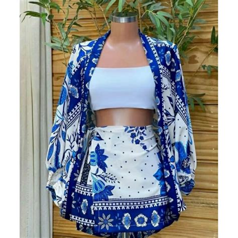 Conjunto Kimono Short Saia Confort Vel Cardigam Conjunto Kimono