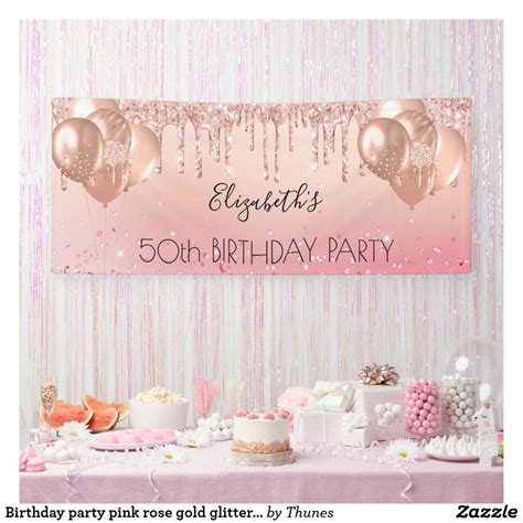 Birthday Party Pink Rose Gold Glitter Balloons Banner Zazzle