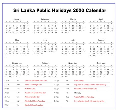 Free Blank Printable Sri Lanka Public Holidays Calendar