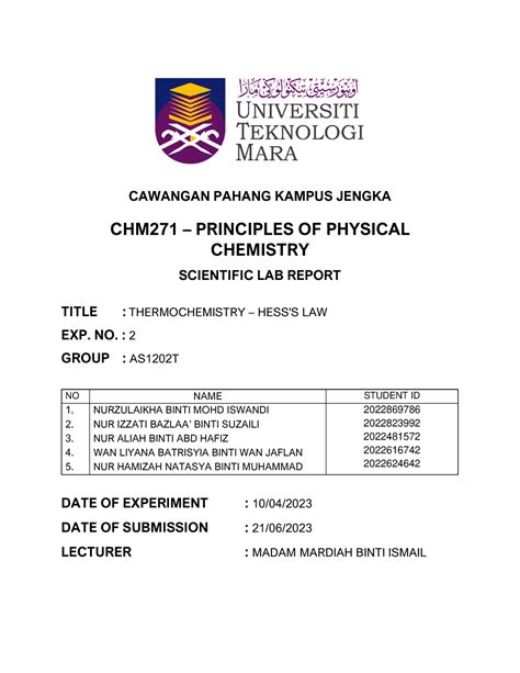 Lab Report Exp Chm Uitm Cawangan Pahang Kampus Jengka Chm