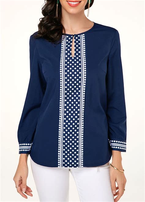 Navy Blue Long Sleeve Polka Dot Print Blouse Liligal USD 27 41