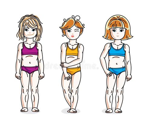 Niñas Felices Que Presentan En Bikini Colorido Sistema Del Vector Del Galán Ilustración del