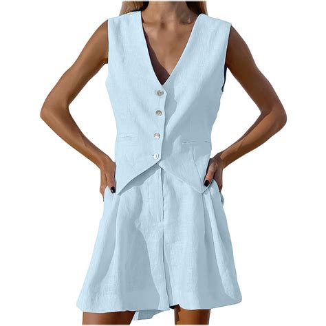 Wyongtao Womens 2 Piece Suit Sets Cotton Linen Sleeveless Lapel Blazer And Short Pants Work