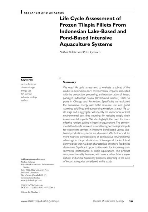 Pdf Life Cycle Assessment Of Frozen Tilapia Fillets From Indonesian