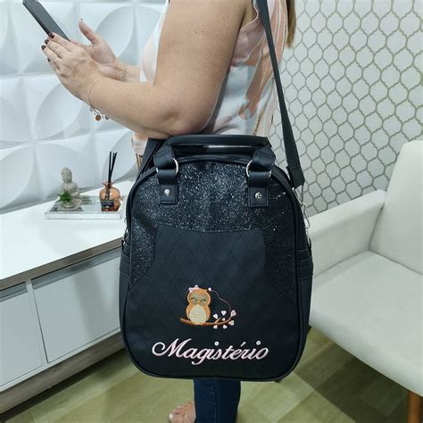 Bolsa Mochila Personalizada Preta Shine Preto Professora Magistério