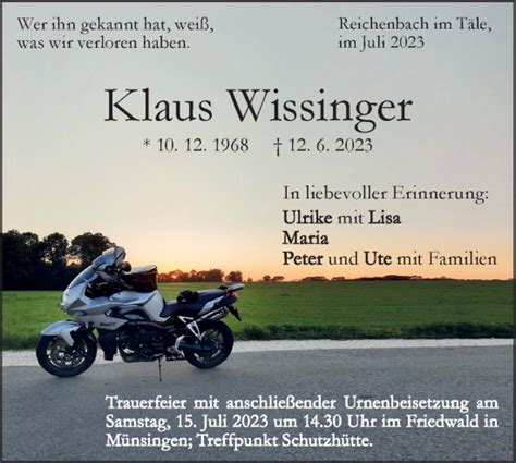 Traueranzeigen von Klaus Wissinger Südwest Presse Trauer