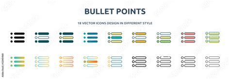 bullet points icon in 18 different styles such as thin line, thick line ...