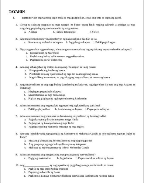 TAYAHIN I Panuto Piliin Ang Wastong Sagot Mula Sa Mga Pagpipilian