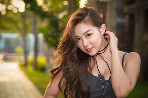 Pictures Brown Haired Bokeh Young Woman Asian Hands Glance 600x400