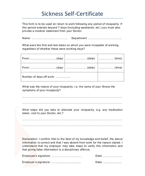 Printable Self Cert Sick Form Printable Forms Free Online