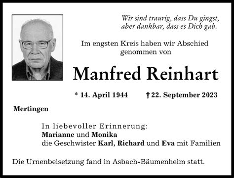 Traueranzeigen Von Manfred Reinhart Augsburger Allgemeine Zeitung