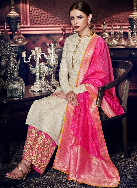 Pink And Off White Embroidered Silk Palazzo Suit Features A Beautiful