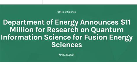 Doe Announces 11 Million For Research On Qis For Fusion Energy