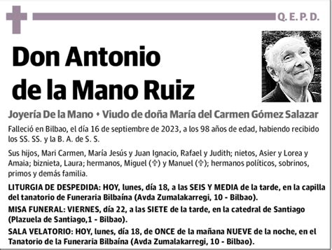 Antonio De La Mano Ruiz Esquela Necrol Gica El Correo