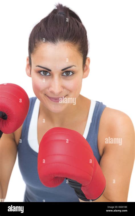 Content Sporty Brunette Wearing Red Boxing Gloves Stock Photo Alamy