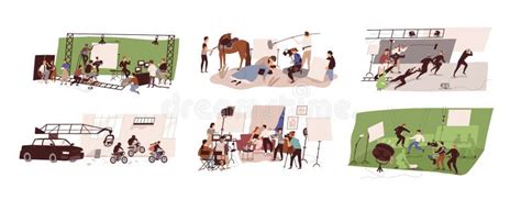 Set Of Scenes At Film Studio Building Interior Vector Flat Illustration