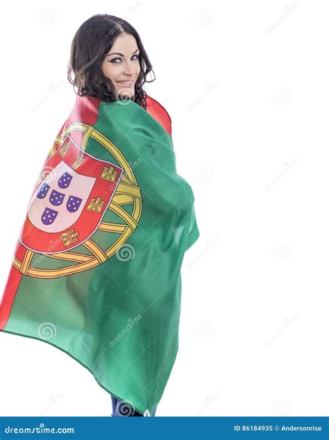 Young Woman Holding A Large Flag Of Portugal Stock Image Image Of