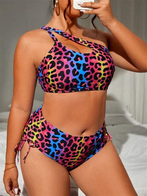 Plus Leopard Print One Shoulder Bikini Swimsuit Shein Usa