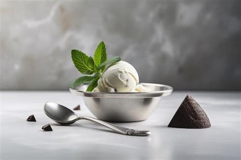 Premium AI Image A Bowl Of Chocolate Ice Cream With A Mint Leaf On Top