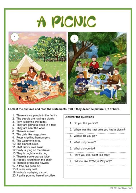 Picture Description A Picnic Readi English Esl Worksheets Pdf Doc