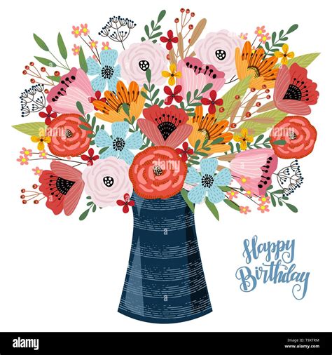 Happy Birthday Floral Hand Draw Design Concept Vase With Flowers On A