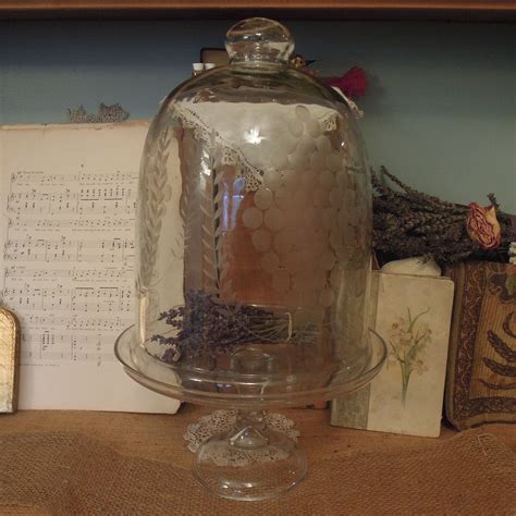 Vintage Etched Bell Cloche With Glass Base Display Cloche Vintage Glass Display Dome Glass