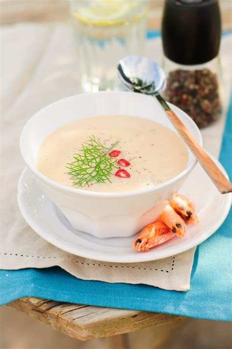 Cheese Shrimp Cream Soup In A White Bowl Stock Image Image Of Dill