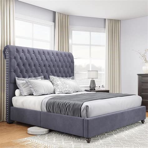 Jocisland Upholstered Bed Frame Queen Size Velvet Tufted Bed Frame